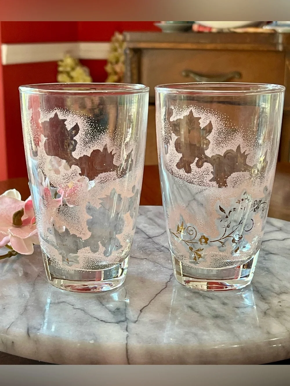 VTG Libbey Duchess Pink Gold Floral Tumbler Glasses Mid Century Modern Set of 2